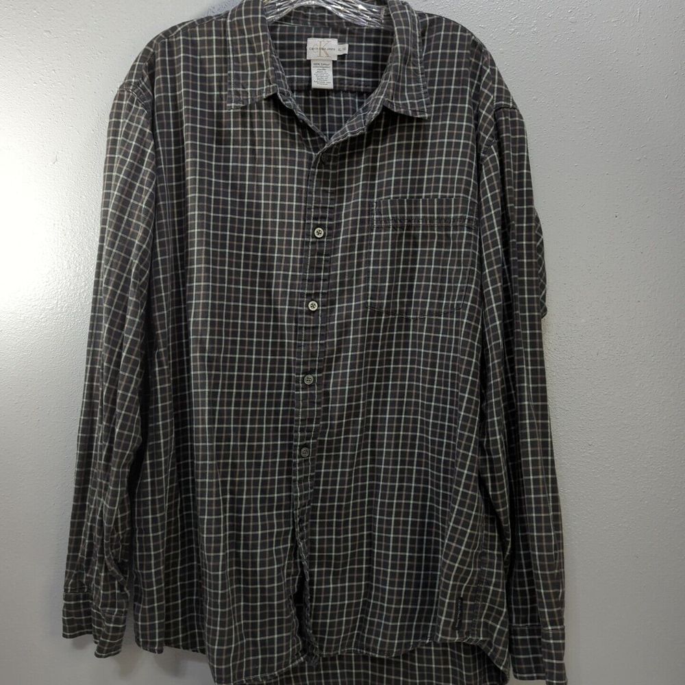 Calvin Klein Jeans‎ Men's Size XL Black  Plaid Long Sleeve Button Up Shirt 535
